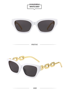 Detailed front and side view of white cat eye sunglasses with gold chain temples