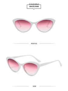 Close-up of white cat eye sunglasses with gradient pink lenses in front and side view