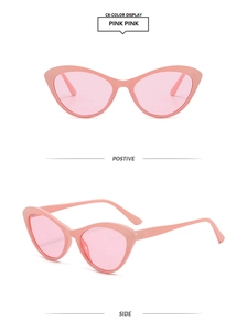 Detailed front and side views of pink cat-eye sunglasses with translucent lenses