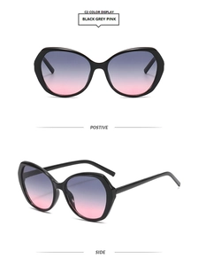 Front and side views of black cat-eye sunglasses with grey to pink gradient lenses