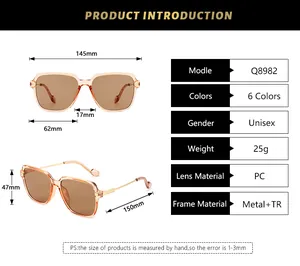 Specifiche dettagliate delle dimensioni per occhiali da sole quadrati modello Q8982 da 145mm