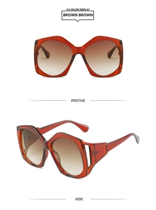 Front and side views of brown oversized geometric sunglasses with gradient lenses