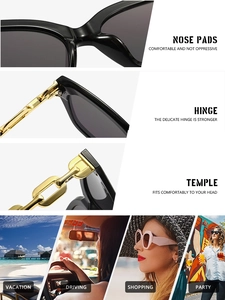 Detail of square black sunglasses with gold chain temples and integrated nose pads