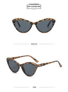 Front and side views of cat eye sunglasses in grey leopard print with dark lenses