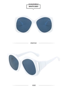 Front and side detail of oversized white geometric sunglasses with hollow decorative temples