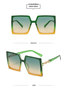 Front and side views of green square oversized sunglasses with gold chain detail