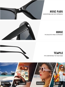 Detail of nose pads, hinges and temples on black cat eye sunglasses for various occasions