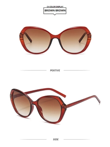 Detail view of stylish brown cat eye sunglasses with gradient lenses and side profile