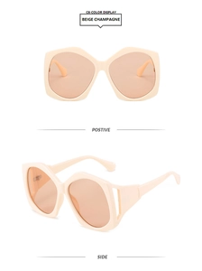 Detail view of beige champagne oversized geometric sunglasses with hollow frame design