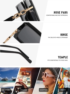 Detail of oversized square sunglasses featuring reinforced metal hinges and nose pads