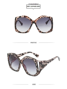 Detailed views of grey leopard print oversized sunglasses with gradient grey lenses