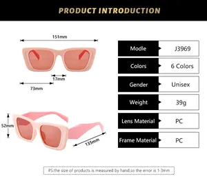 Detailed size chart and specifications for vintage cat-eye unisex PC sunglasses