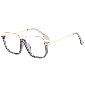 Modern square transparent grey glasses frame with slim golden metal temples
