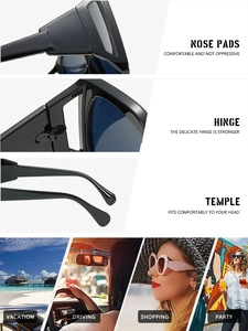 Macro detail of ergonomic nose pads, metal hinges and sleek temples on oversized sunglasses