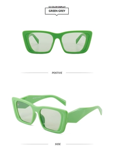 Detailed front and side views of chunky green cat-eye sunglasses with dark grey lenses