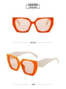 Detailed views of geometric orange and beige sunglasses with champagne tinted lenses