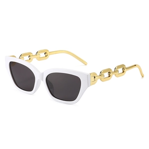 Fashion cat-eye sunglasses with white frames and chunky gold chain temples, UV400 protection
