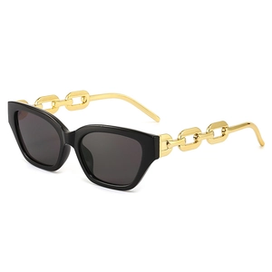 Fashionable black square sunglasses with oversized golden chain temples and UV400 lenses