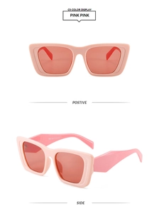Detailed views of pink cat-eye sunglasses with retro frames and dark tinted lenses