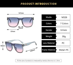 Detailed size chart and technical specifications for square frame fashion sunglasses