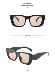 Front and side views of black rectangular sunglasses with champagne gold tinted lenses