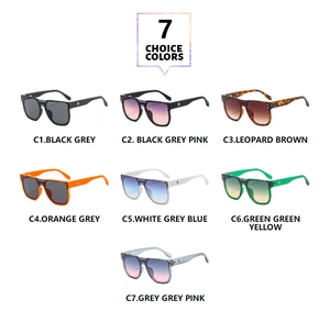 Matrix display of seven stylish square oversized sunglasses in various gradient color options