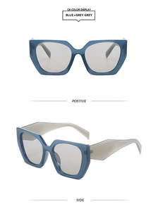 Detailed front and side views of blue chunky geometric sunglasses with grey lenses