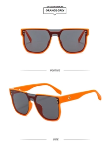 Detailed front and side views of orange square sunglasses with gold rivets and gray lenses