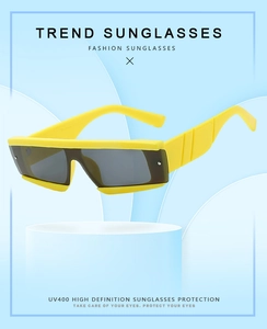 Bright yellow chunky frame sunglasses with dark grey UV400 protective wrap lens