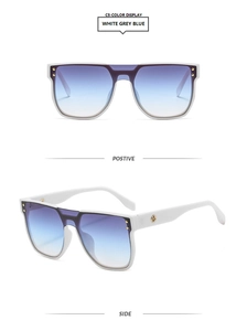 Detailed front and side views of white square sunglasses with blue gradient lenses