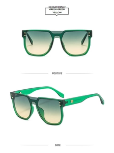 Front and side view of square green transparent sunglasses with gradient lenses