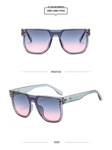 Detailed front and side views of square sunglasses with grey-blue frame and gradient lenses