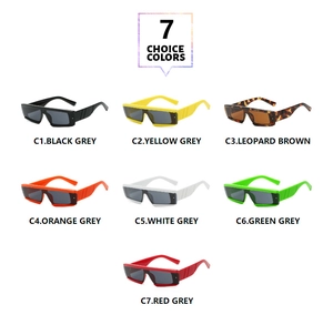 Collage of rectangular sunglasses in seven vibrant colors including leopard and orange