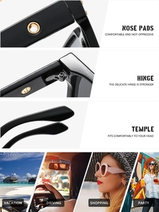 Detail view of square black sunglasses showing nose pads, metal hinges, and curved temples