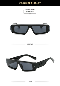 Front and side view of chunky black rectangle sunglasses with dark grey lenses