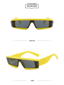 Detail view of yellow rectangular sunglasses with grey lenses from front and side angles