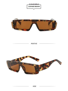 Detail of leopard brown square frame sunglasses with brown lenses from front and side angles