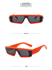 Front and side views of orange retro sunglasses with narrow rectangular grey lenses