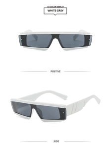 Macro shot of fashion rectangular white frame sunglasses with dark grey lenses in C5 style