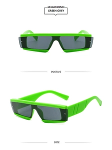 Neon green thick rectangular sunglasses with grey lenses in front and side views