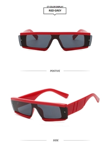 Front and side view of red rectangular sunglasses with dark grey lenses in futuristic style