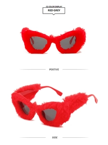 Vista frontal y lateral de gafas de sol de ojo de gato con ribete de piel sintética roja