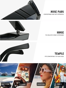 Detail view showing comfortable nose pads, sturdy hinges and wide temples of chic sunglasses