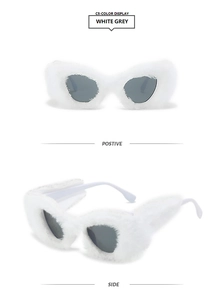 Vistas detalladas de gafas de sol de ojo de gato en piel sintética blanca con lentes grises