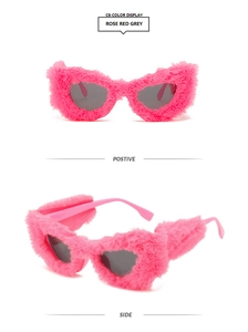Vista detallada de gafas de sol de ojo de gato de felpa rojo rosa con lentes gris oscuro