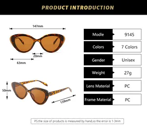 Detailed size guide chart showing dimensions for cat eye sunglasses with leopard print frame