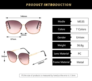 Detailed size specifications for butterfly metal frame sunglasses with gradient lenses