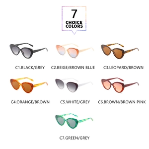 Seven trendy cat-eye sunglasses colors displayed in a flat-lay matrix with labels