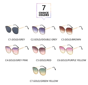Detailed grid showing seven colorful butterfly flame sunglasses with gold metal frames