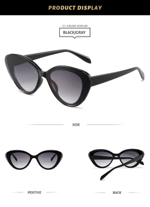 Three-view display of black cat eye sunglasses with gray gradient lenses on white background